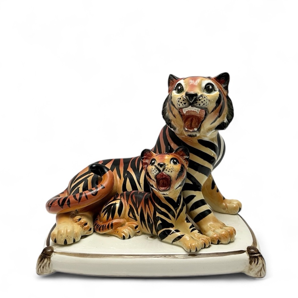 Vintage Ceramic Tiger and Cub On Pillow Ceramic Statue Hollywood Regency Style